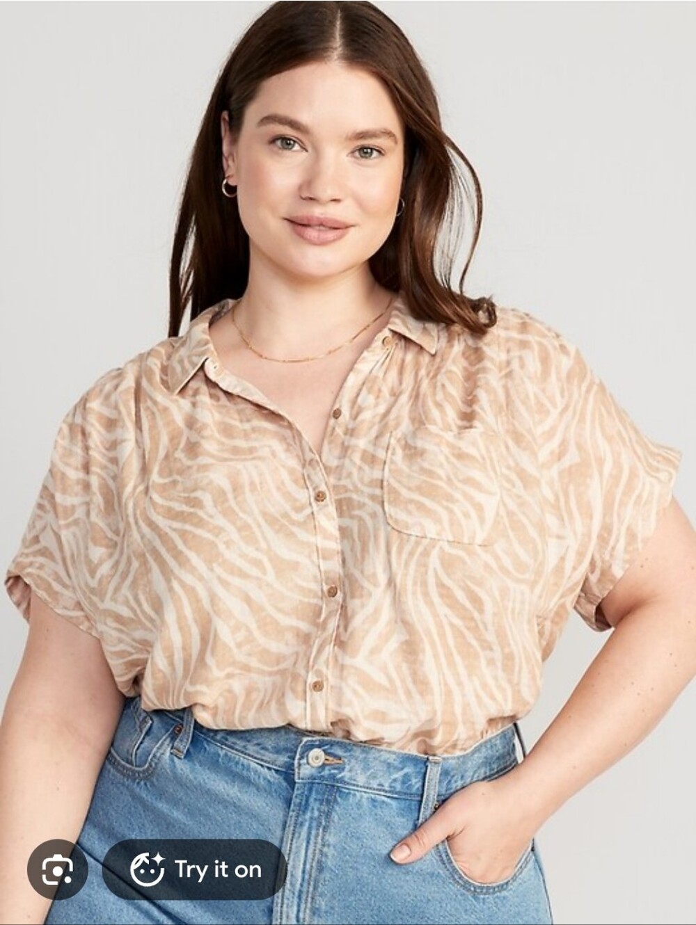 Nwt Old Navy Beige Zebra-Print Button Down Dolman Sleeve Pocket Shirt